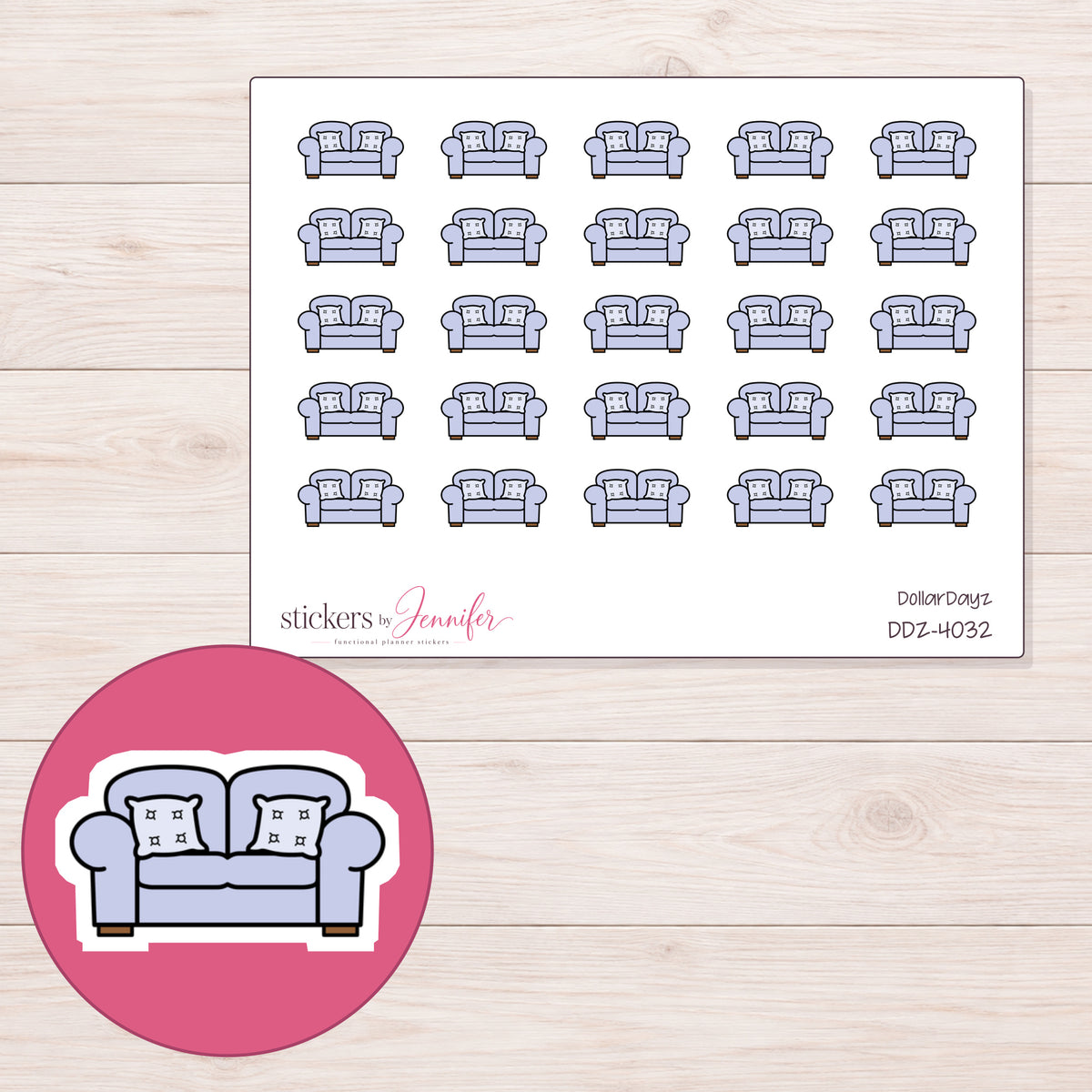 Lavender Sofa Planner Stickers | DDZ-4032 — 4 × 3 inch sheet and enlarged sticker detail