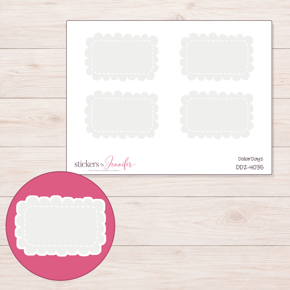 Pale Gray Scalloped Rectangle Label Planner Stickers | DDZ-4035 — 4 × 3 inch sheet and enlarged sticker detail