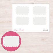 Pale Gray Scalloped Rectangle Label Planner Stickers | DDZ-4035 — 4 × 3 inch sheet and enlarged sticker detail
