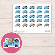 Blue School Bus Planner Stickers | DDZ-4038 — 4 × 3 inch sheet and enlarged sticker detail