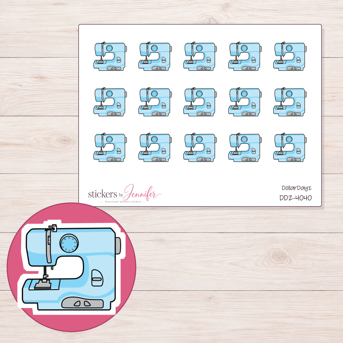 Blue Sewing Machine Planner Stickers | DDZ-4040 — 4 × 3 inch sheet and enlarged sticker detail