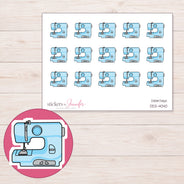 Blue Sewing Machine Planner Stickers | DDZ-4040 — 4 × 3 inch sheet and enlarged sticker detail