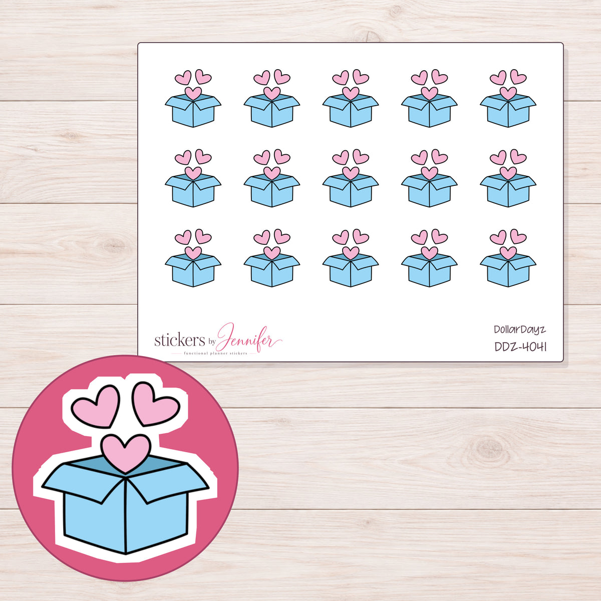 Blue Happy Mail Box Planner Stickers | DDZ-4041 — 4 × 3 inch sheet and enlarged sticker detail