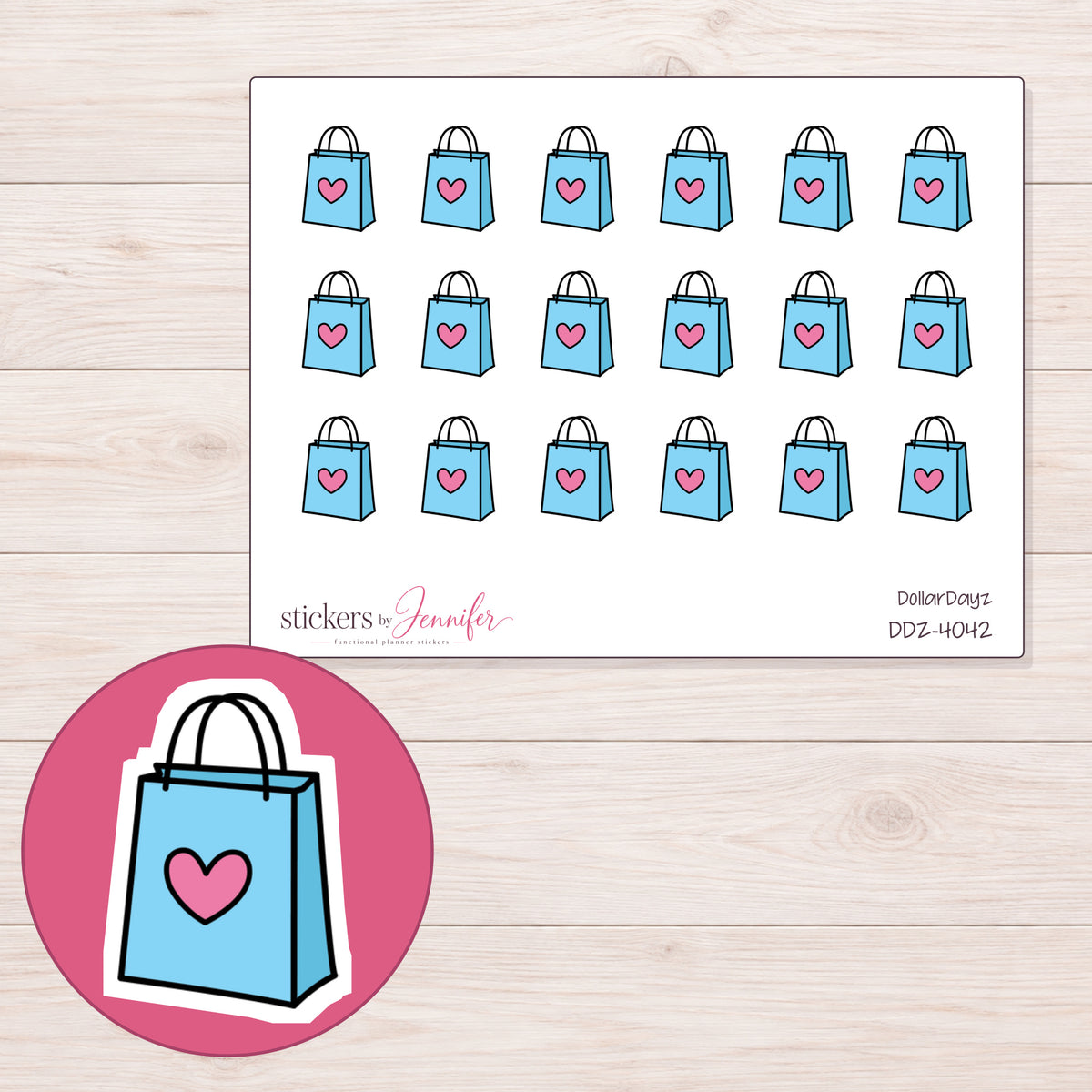 Blue Heart Shopping Bag Planner Stickers | DDZ-4042 — 4 × 3 inch sheet and enlarged sticker detail