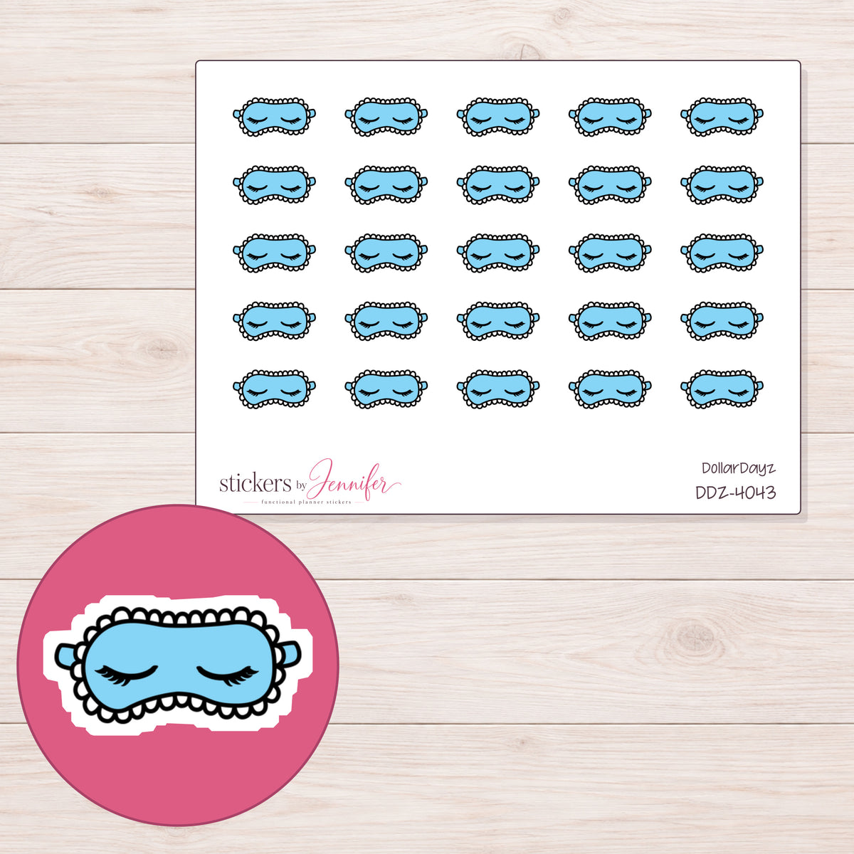 Blue Sleep Mask Planner Stickers | DDZ-4043 — 4 × 3 inch sheet and enlarged sticker detail