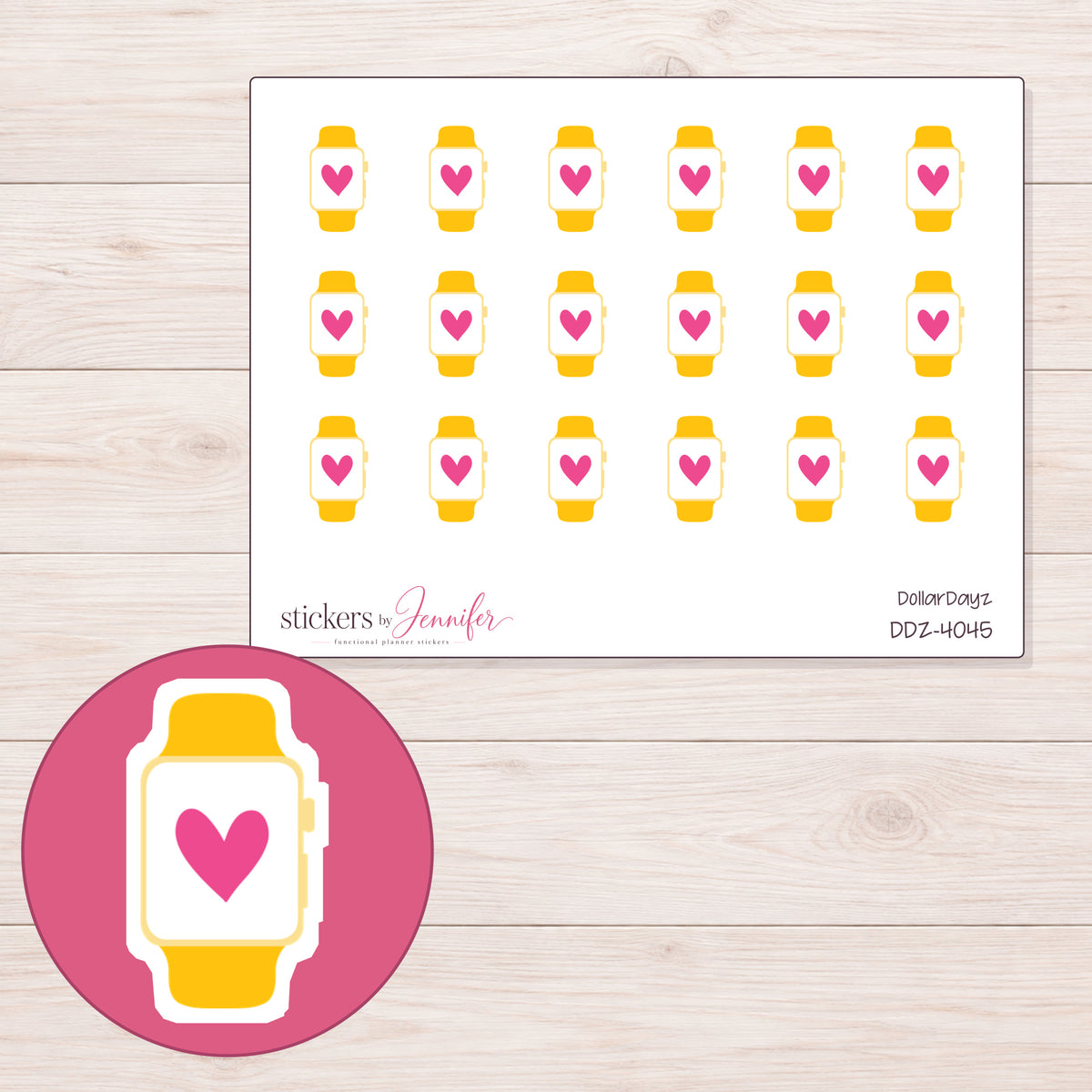Yellow Heart Smartwatch Planner Stickers | DDZ-4045 — 4 × 3 inch sheet and enlarged sticker detail
