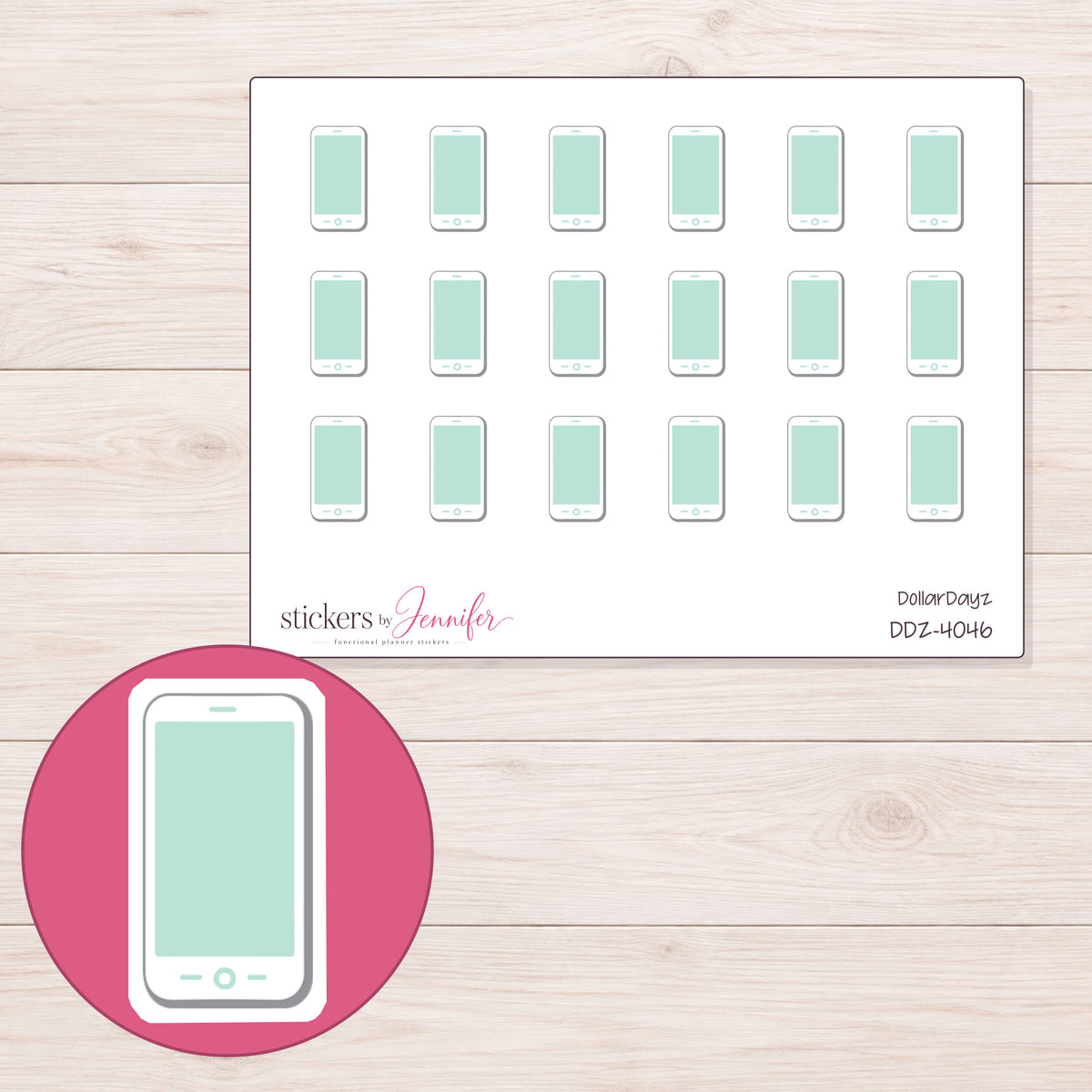 White Smartphone with Mint Screen Planner Stickers | DDZ-4046 — 4 × 3 inch sheet and enlarged sticker detail