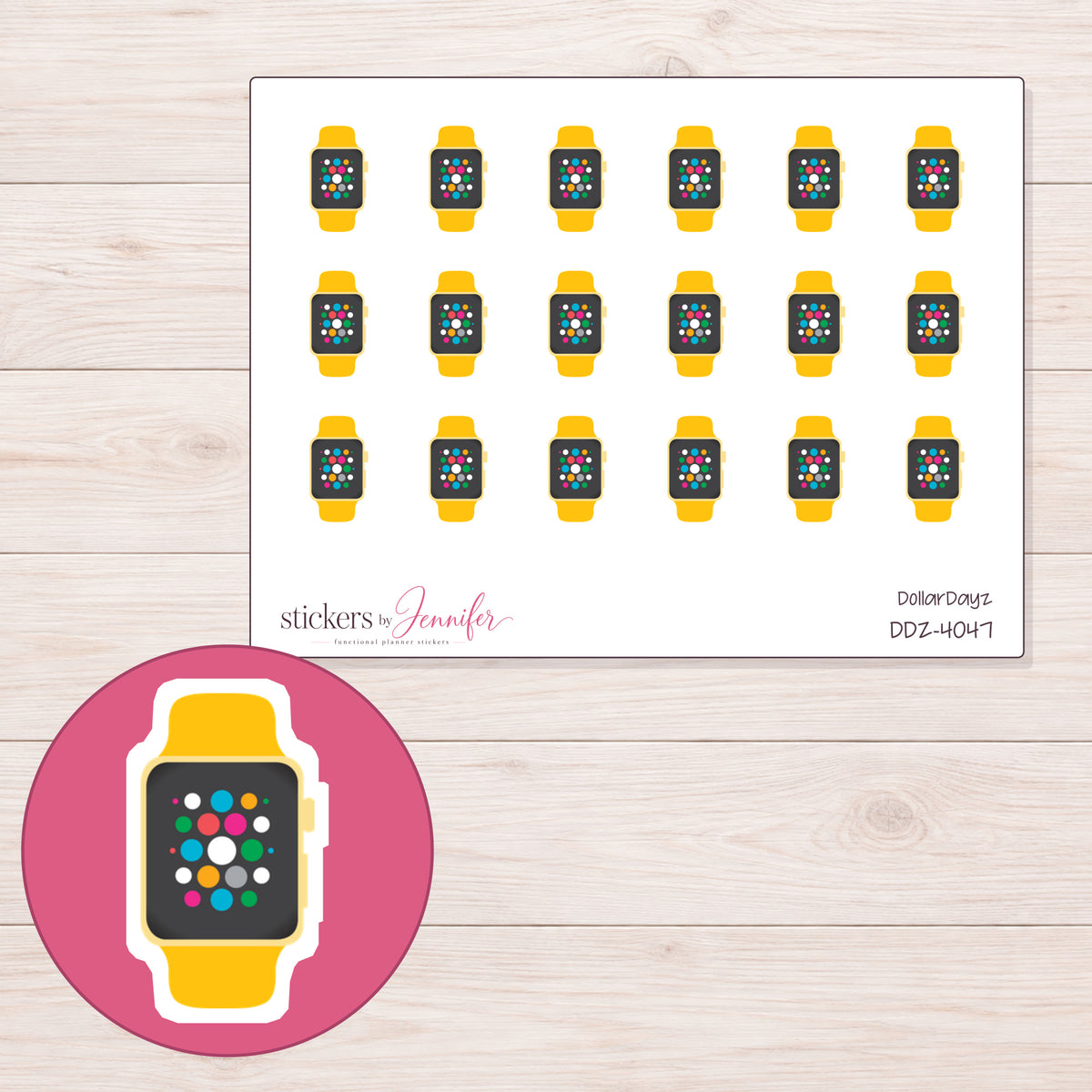 Yellow Band Smartwatch Planner Stickers | DDZ-4047 — 4 × 3 inch sheet and enlarged sticker detail