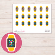 Yellow Band Smartwatch Planner Stickers | DDZ-4047 — 4 × 3 inch sheet and enlarged sticker detail
