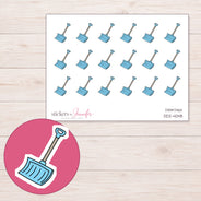 Blue Snow Shovel Planner Stickers | DDZ-4048 — 4 × 3 inch sheet and enlarged sticker detail