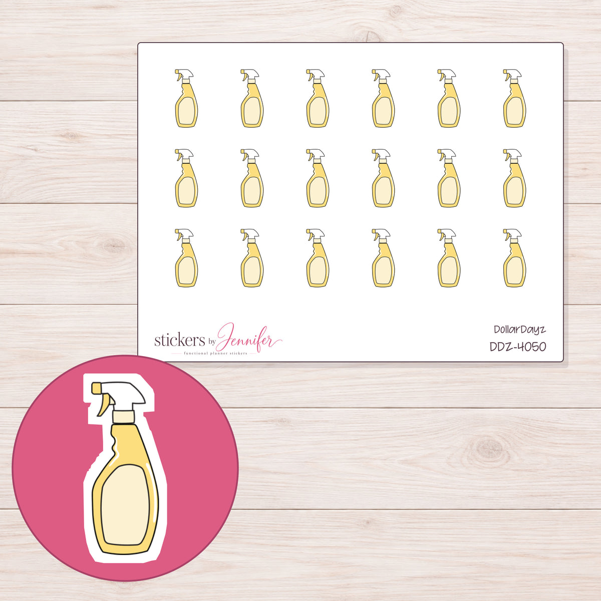 Yellow Cleaning Spray Bottle Planner Stickers | DDZ-4050 — 4 × 3 inch sheet and enlarged sticker detail