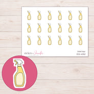 Yellow Cleaning Spray Bottle Planner Stickers | DDZ-4050 — 4 × 3 inch sheet and enlarged sticker detail