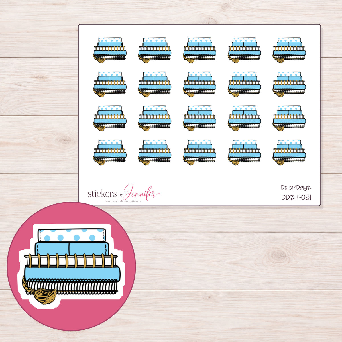 Stack of Blue Planners Planner Stickers | DDZ-4051 — 4 × 3 inch sheet and enlarged sticker detail