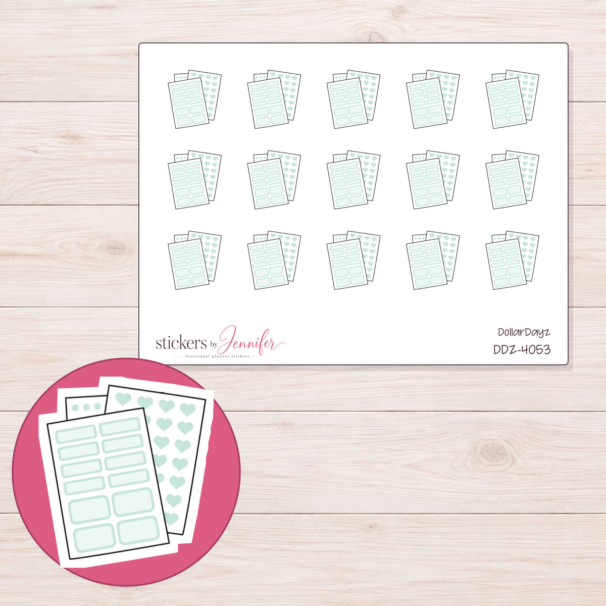 Mint Planner Sticker Sheets Planner Stickers | DDZ-4053 — 4 × 3 inch sheet and enlarged sticker detail