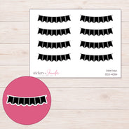 Black Stitched Pennant Bunting Planner Stickers | DDZ-4054 — 4 × 3 inch sheet and enlarged sticker detail
