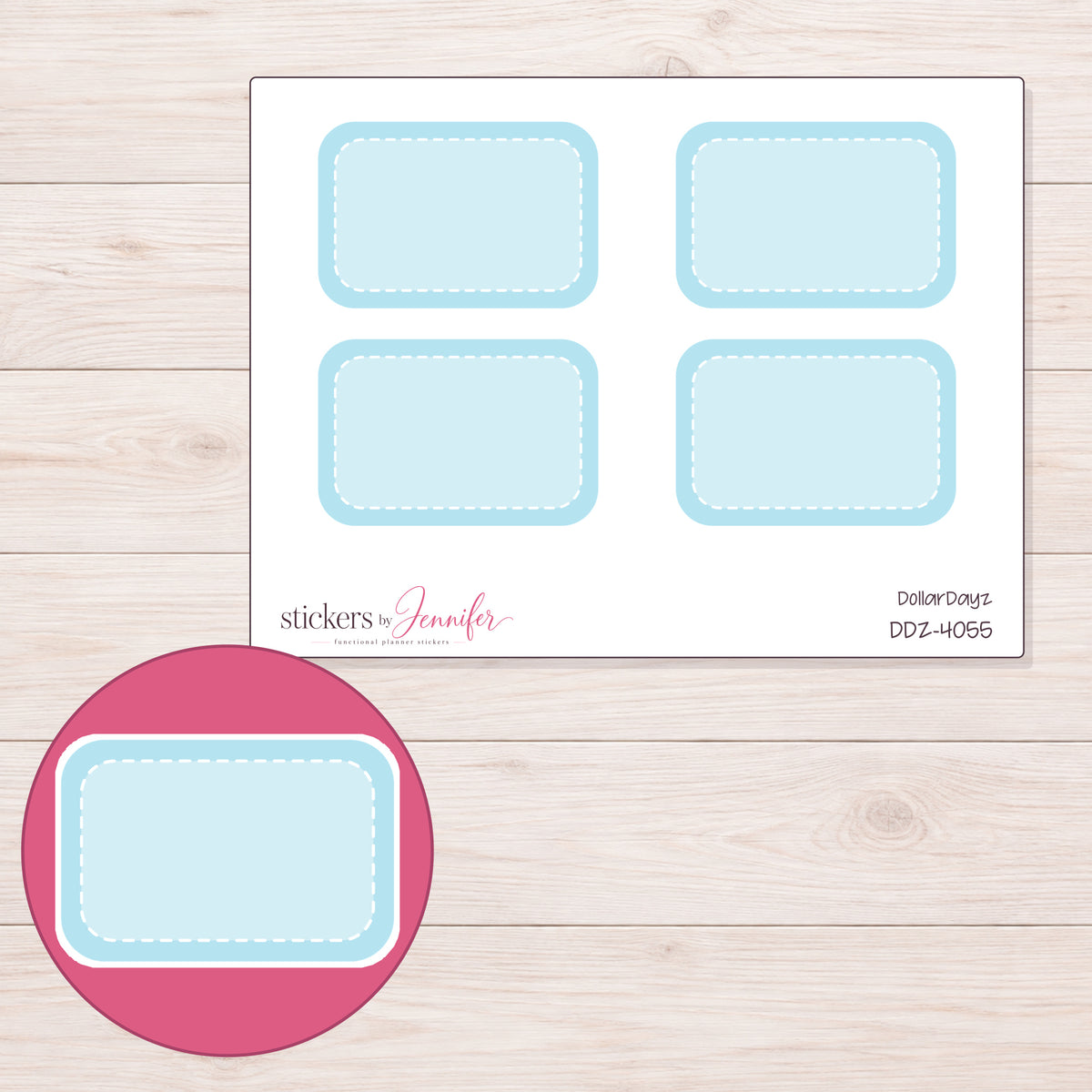 Blue Rounded Stitched Half Box Planner Stickers | DDZ-4055 — 4 × 3 inch sheet and enlarged sticker detail