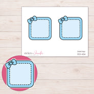 Blue Stitched Square Bow Label Planner Stickers | DDZ-4061 — 4 × 3 inch sheet and enlarged sticker detail