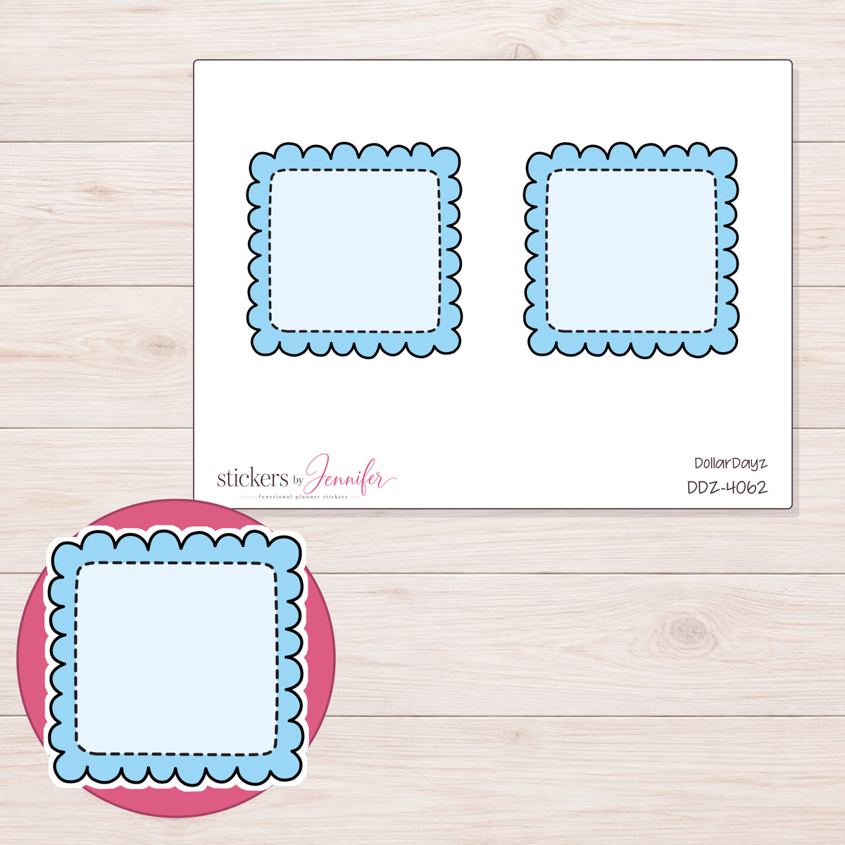 Blue Scalloped Stitched Square Planner Stickers | DDZ-4062 — 4 × 3 inch sheet and enlarged sticker detail