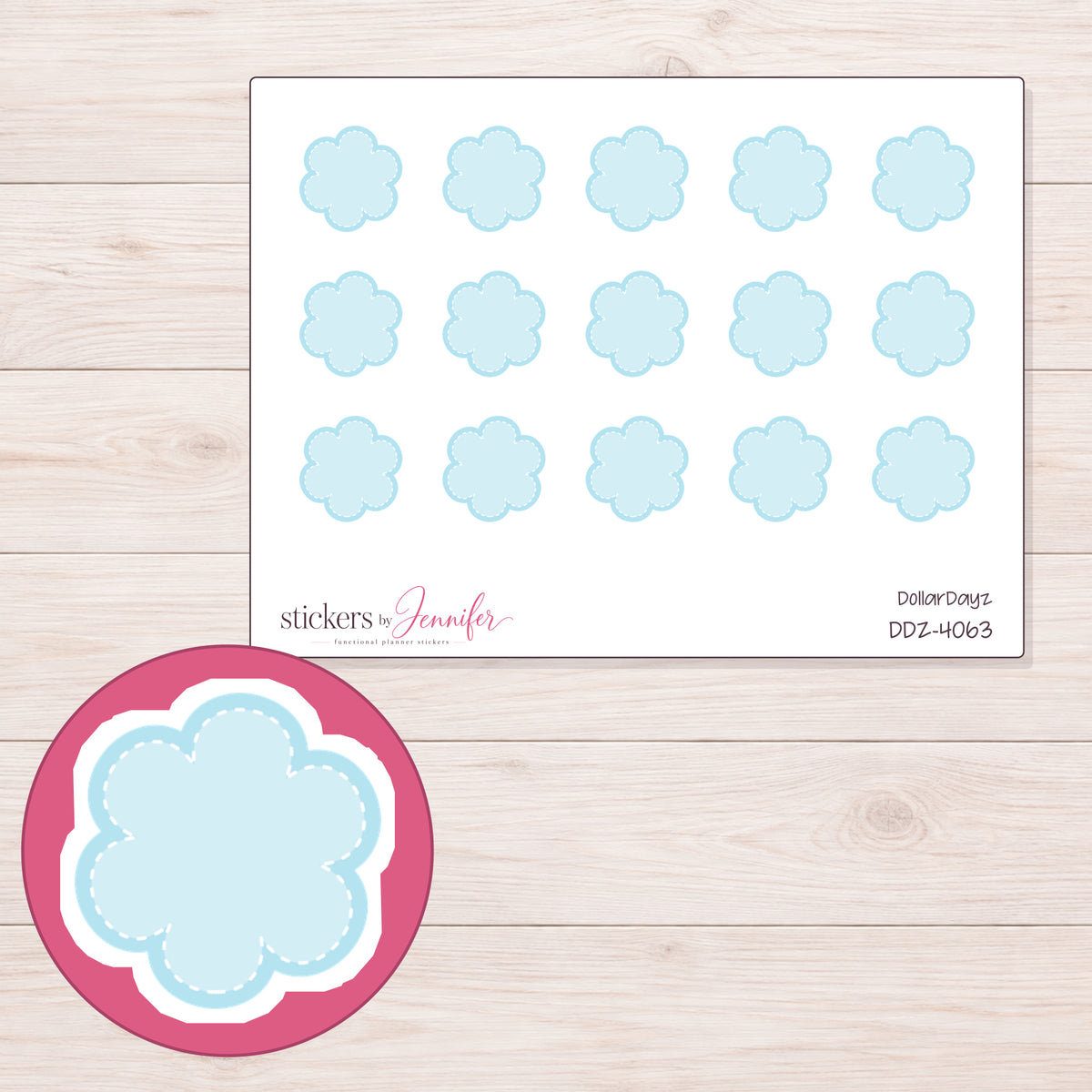 Pale Blue Stitched Flower Planner Stickers | DDZ-4063 — 4 × 3 inch sheet and enlarged sticker detail