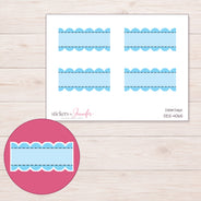 Blue Stitched Scallop Stripe Label Planner Stickers | DDZ-4065 — 4 × 3 inch sheet and enlarged sticker detail