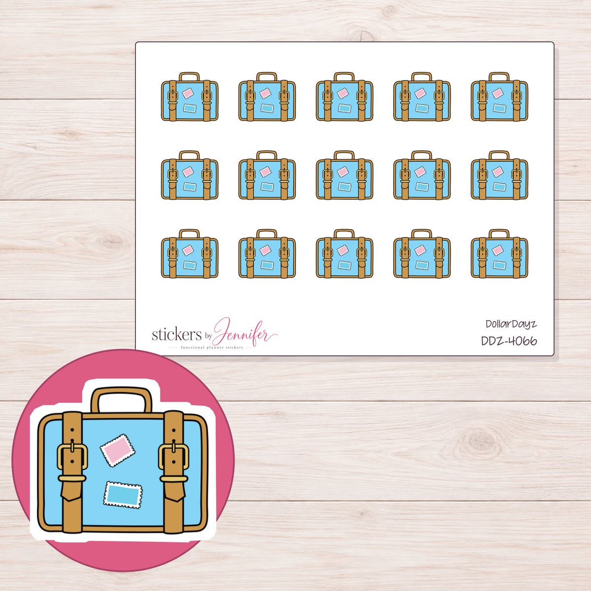 Blue Vintage Suitcase Planner Stickers | DDZ-4066 — 4 × 3 inch sheet and enlarged sticker detail