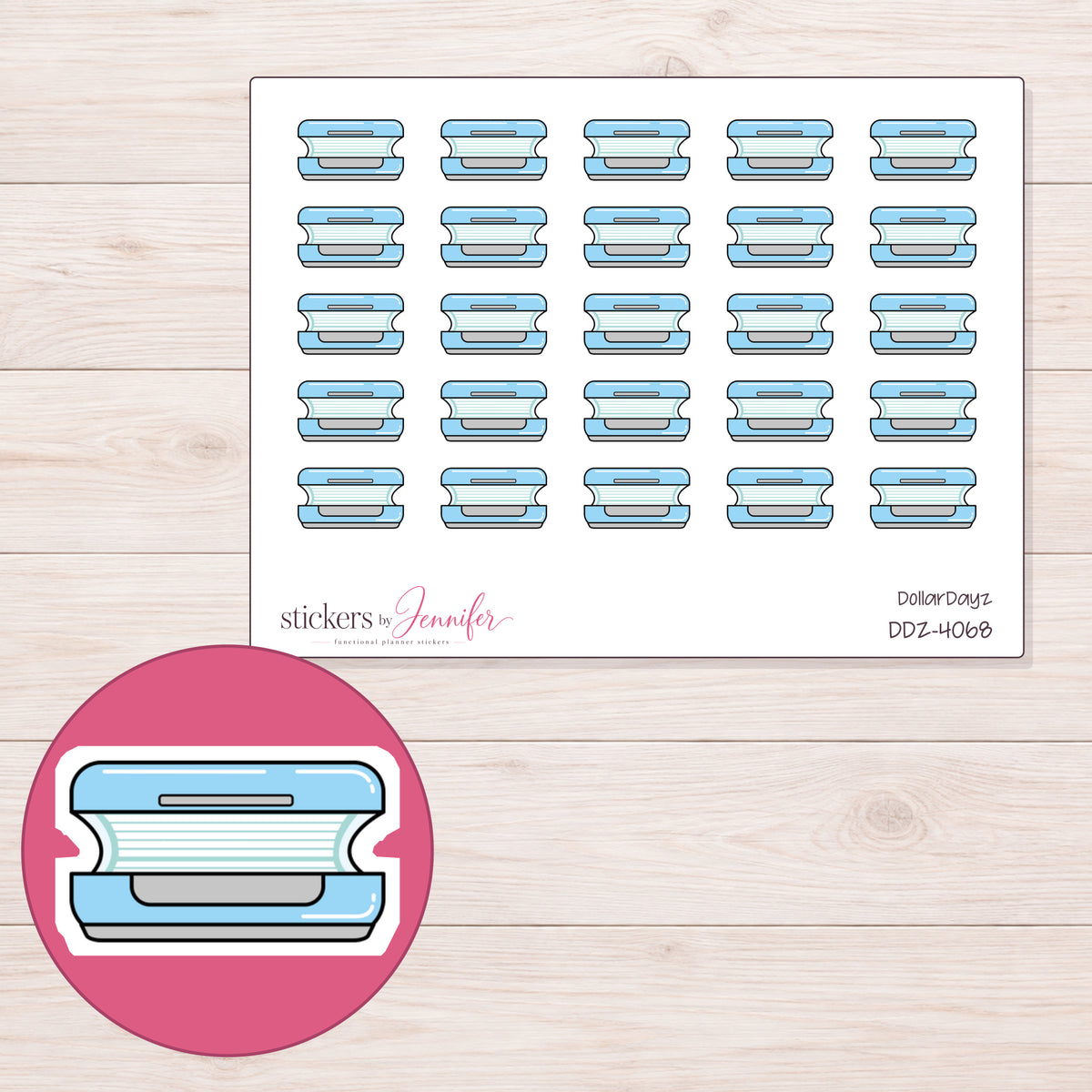 Blue Tanning Bed Planner Stickers | DDZ-4068 — 4 × 3 inch sheet and enlarged sticker detail