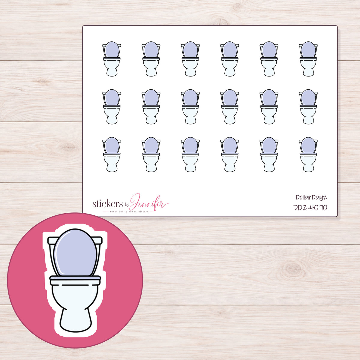 White Toilet with Lavender Seat Planner Stickers | DDZ-4070 — 4 × 3 inch sheet and enlarged sticker detail