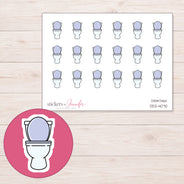White Toilet with Lavender Seat Planner Stickers | DDZ-4070 — 4 × 3 inch sheet and enlarged sticker detail