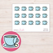 Blue Polka Dot Teacup Planner Stickers | DDZ-4075 — 4 × 3 inch sheet and enlarged sticker detail