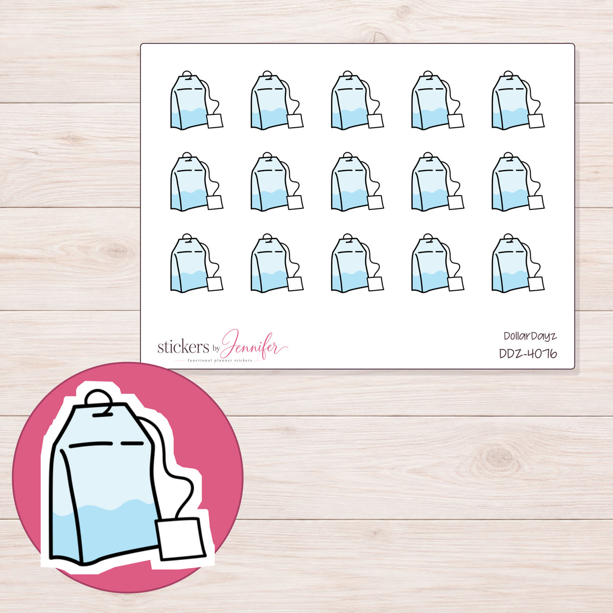 Pale Blue Tea Bag Planner Stickers | DDZ-4076 — 4 × 3 inch sheet and enlarged sticker detail