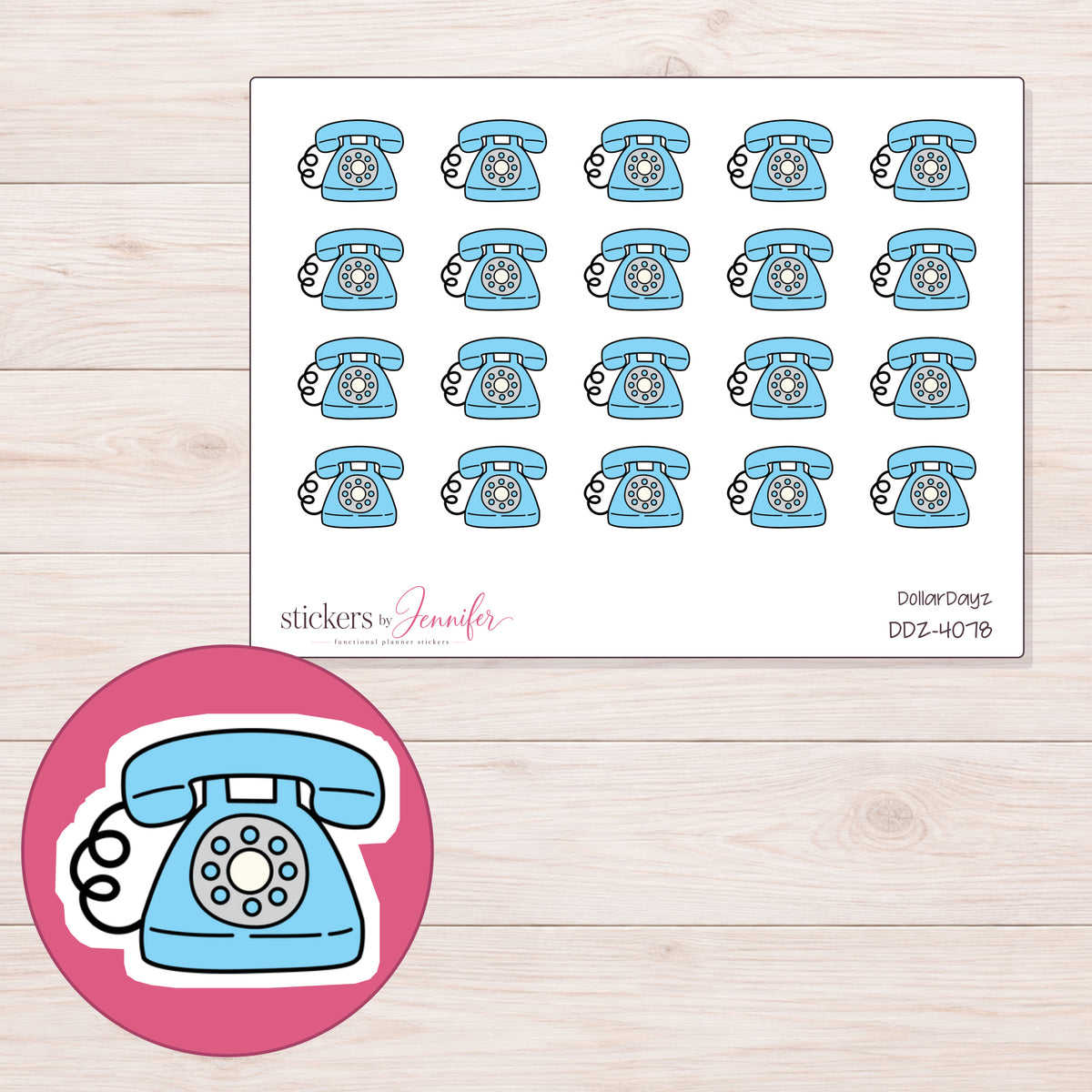 Blue Rotary Telephone Planner Stickers | DDZ-4078 — 4 × 3 inch sheet and enlarged sticker detail