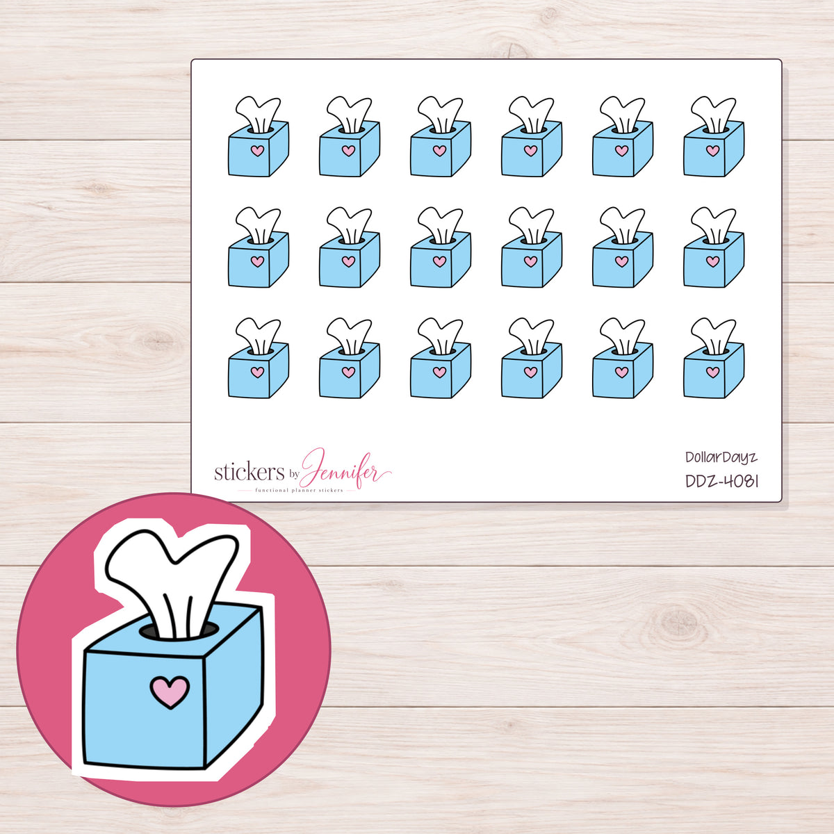 Blue Heart Tissue Box Planner Stickers | DDZ-4081 — 4 × 3 inch sheet and enlarged sticker detail
