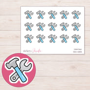 Blue Hammer and Wrench Planner Stickers | DDZ-4083 — 4 × 3 inch sheet and enlarged sticker detail