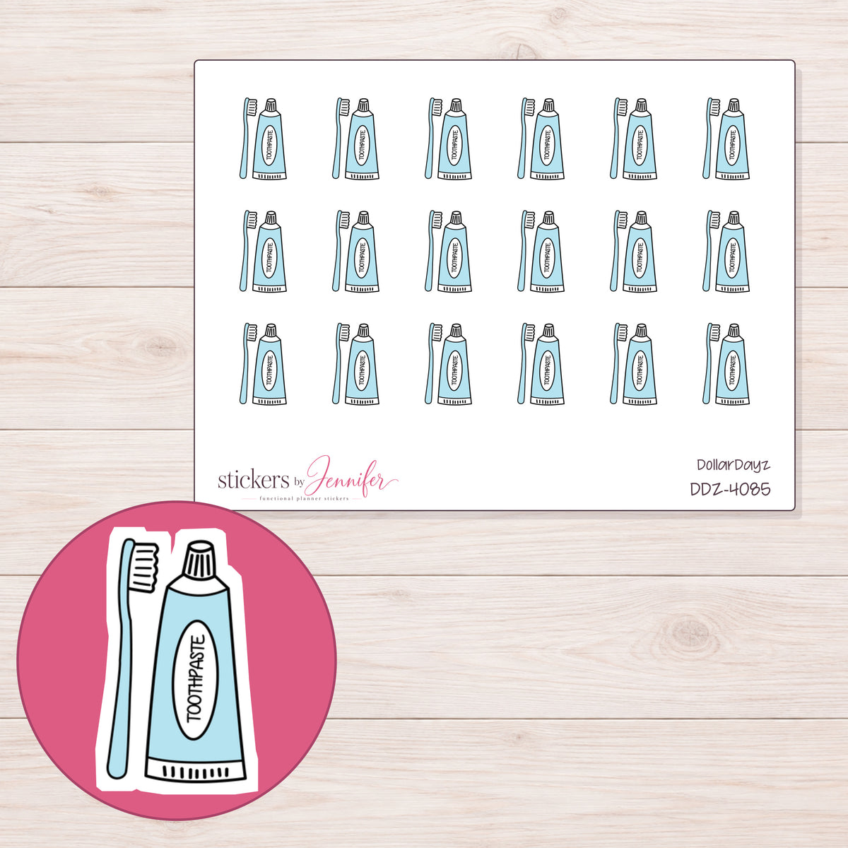 Blue Toothpaste and Brush Planner Stickers | DDZ-4085 — 4 × 3 inch sheet and enlarged sticker detail