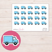 Blue Delivery Truck Planner Stickers | DDZ-4087 — 4 × 3 inch sheet and enlarged sticker detail