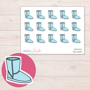 Blue Cozy Boot Planner Stickers | DDZ-4089 — 4 × 3 inch sheet and enlarged sticker detail