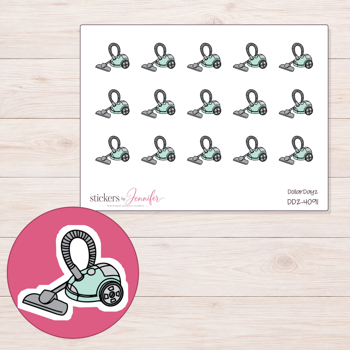 Mint Canister Vacuum Planner Stickers | DDZ-4091 — 4 × 3 inch sheet and enlarged sticker detail