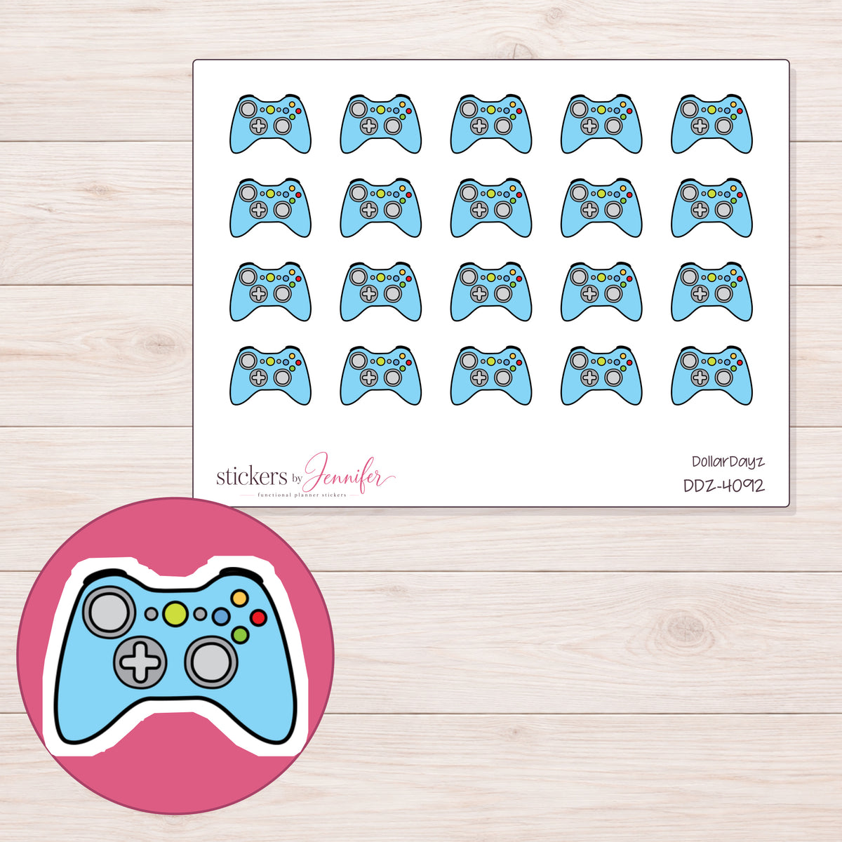 Blue Color-Button Game Controller Planner Stickers | DDZ-4092 — 4 × 3 inch sheet and enlarged sticker detail