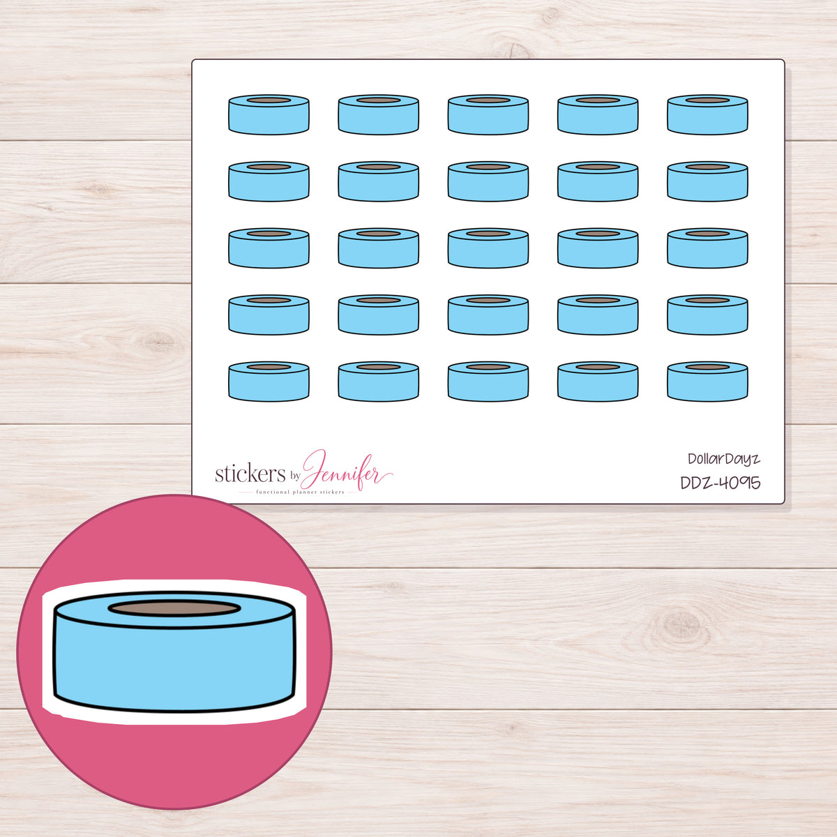 Simple Blue Washi Roll Planner Stickers | DDZ-4095 — 4 × 3 inch sheet and enlarged sticker detail