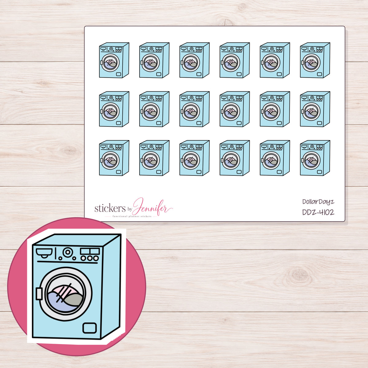 Blue Washing Machine Planner Stickers | DDZ-4102 — 4 × 3 inch sheet and enlarged sticker detail