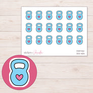 Blue Heart Kettlebell Planner Stickers | DDZ-4104 — 4 × 3 inch sheet and enlarged sticker detail