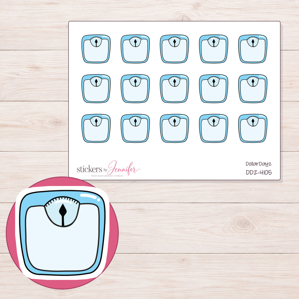 Blue Bathroom Scale Planner Stickers | DDZ-4105 — 4 × 3 inch sheet and enlarged sticker detail