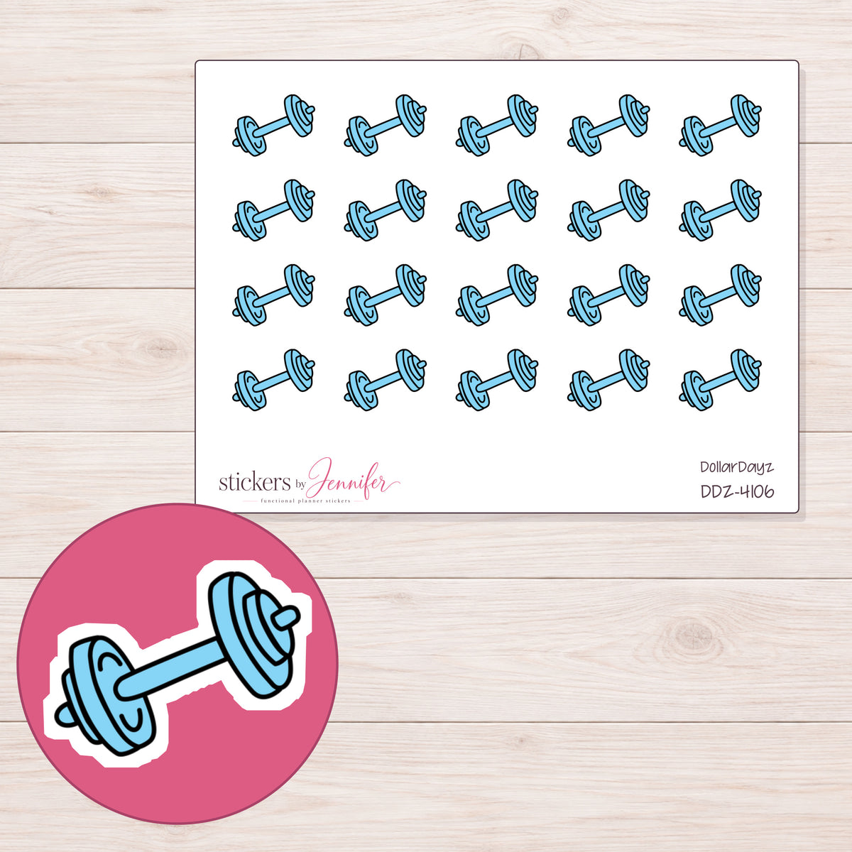 Blue Dumbbell Planner Stickers | DDZ-4106 — 4 × 3 inch sheet and enlarged sticker detail