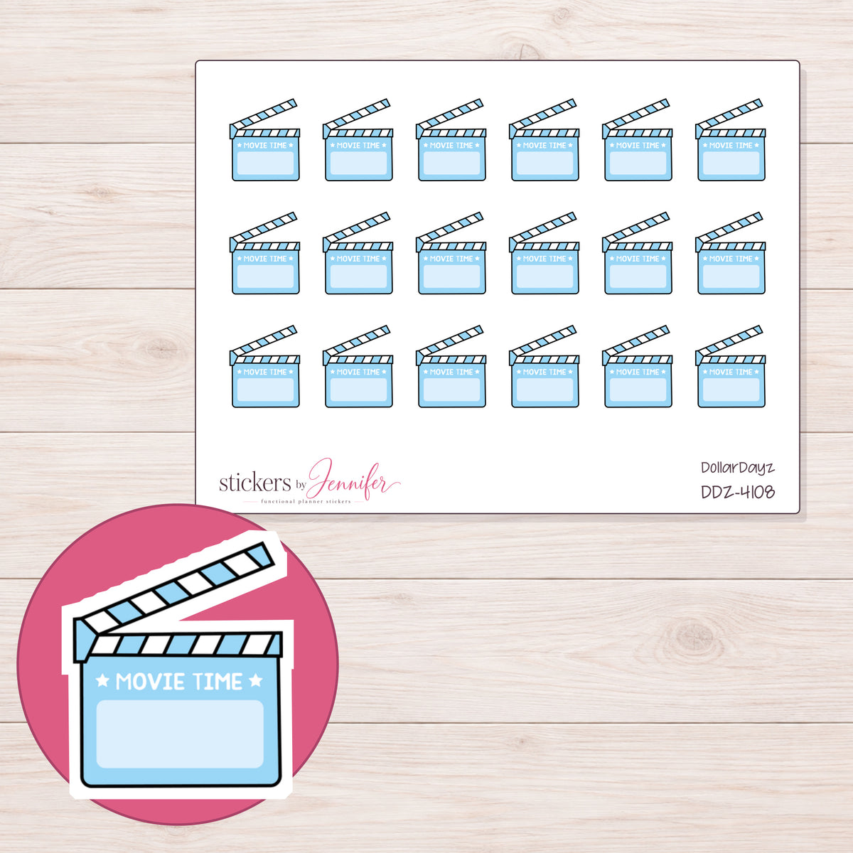 Blue Movie Time Clapperboard Planner Stickers | DDZ-4108 — 4 × 3 inch sheet and enlarged sticker detail