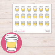 Yellow Sleeve Takeaway Coffee Planner Stickers | DDZ-4110 — 4 × 3 inch sheet and enlarged sticker detail