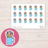 Blue Mug of Pens and Pencils Planner Stickers | DDZ-4111 — 4 × 3 inch sheet and enlarged sticker detail