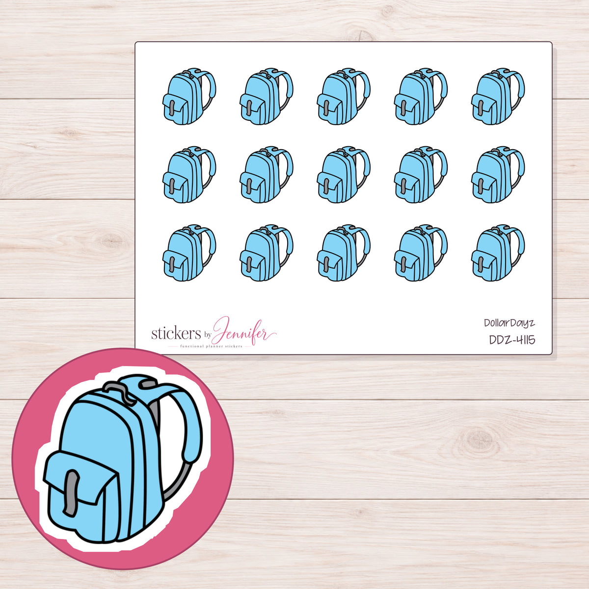 Blue School Backpack Planner Stickers | DDZ-4115 — 4 × 3 inch sheet and enlarged sticker detail