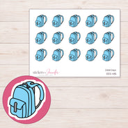 Blue School Backpack Planner Stickers | DDZ-4115 — 4 × 3 inch sheet and enlarged sticker detail