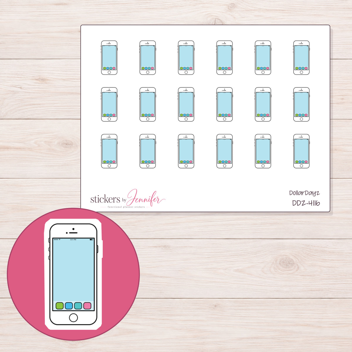 White App Smartphone Planner Stickers | DDZ-4116 — 4 × 3 inch sheet and enlarged sticker detail