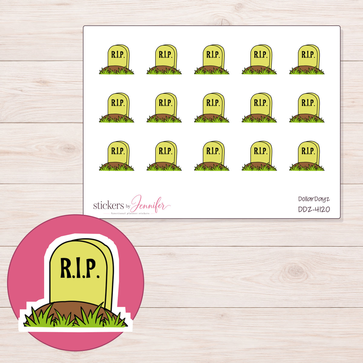 Lime Green RIP Headstone Planner Stickers | DDZ-4120 — 4 × 3 inch sheet and enlarged sticker detail